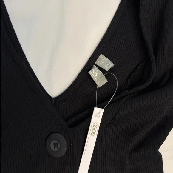 NWT ASOS Black Ribbed Knit Fit & Flare Button Front V-Neck Long Sleeve Dress - Picture 4 of 6